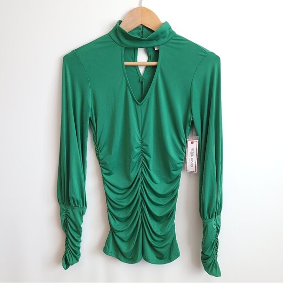 Y2k Ruched Blouse Slinky Emerald Green Long Sleeve NWT - Picture 3 of 16